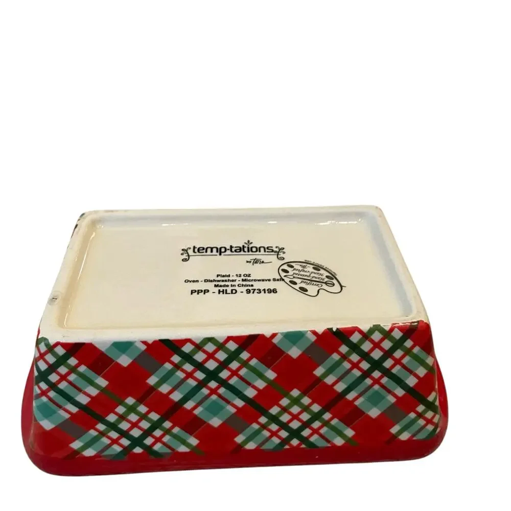 Temptations by Tara Mini Ceramic Loaf Pan w/ Lid 12oz Holiday Plaid Red Green